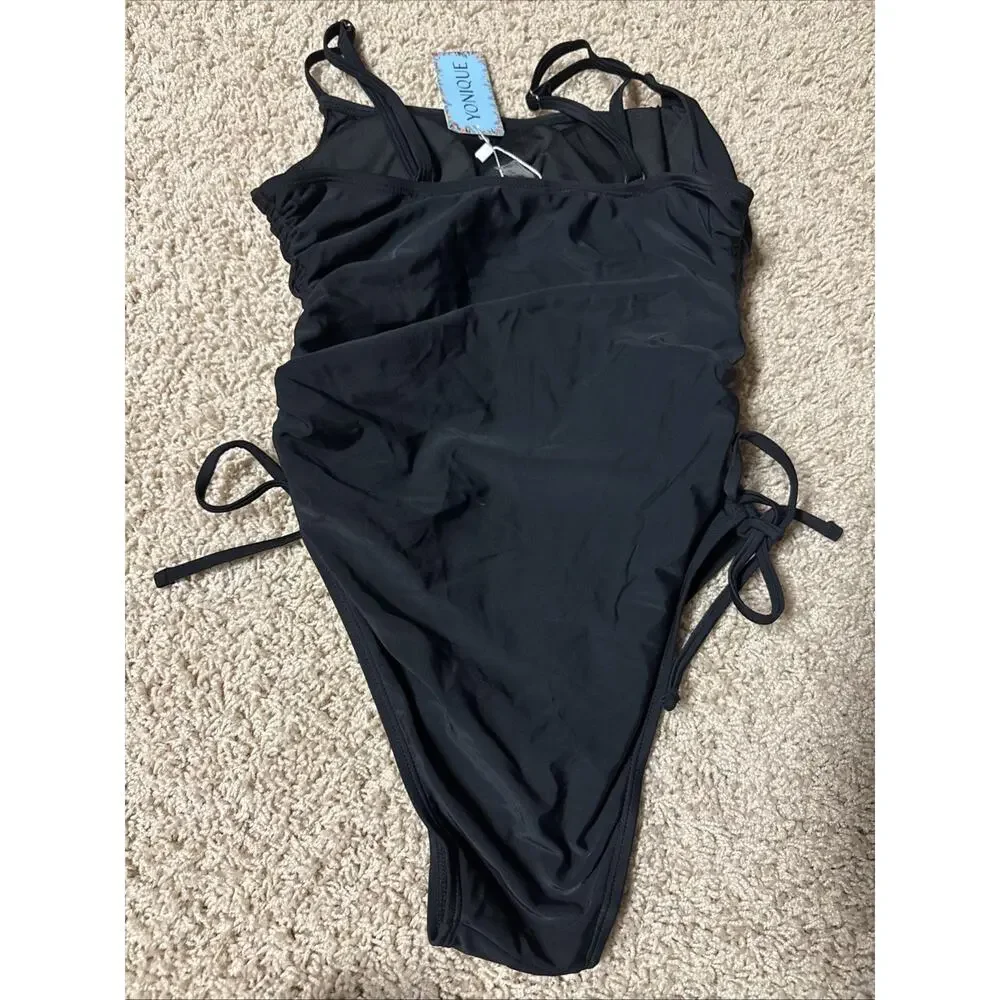 NWT Viottiset Women's Ruched High Cut One Piece Swimsuit Tummy Control Black M